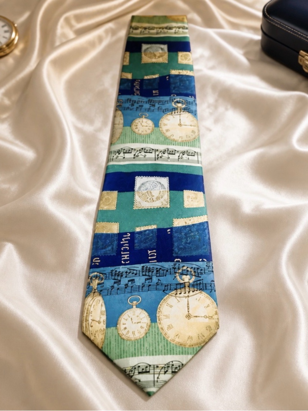 Classic Time Watch Structure Blue Green Gild Blue Party NeckTie